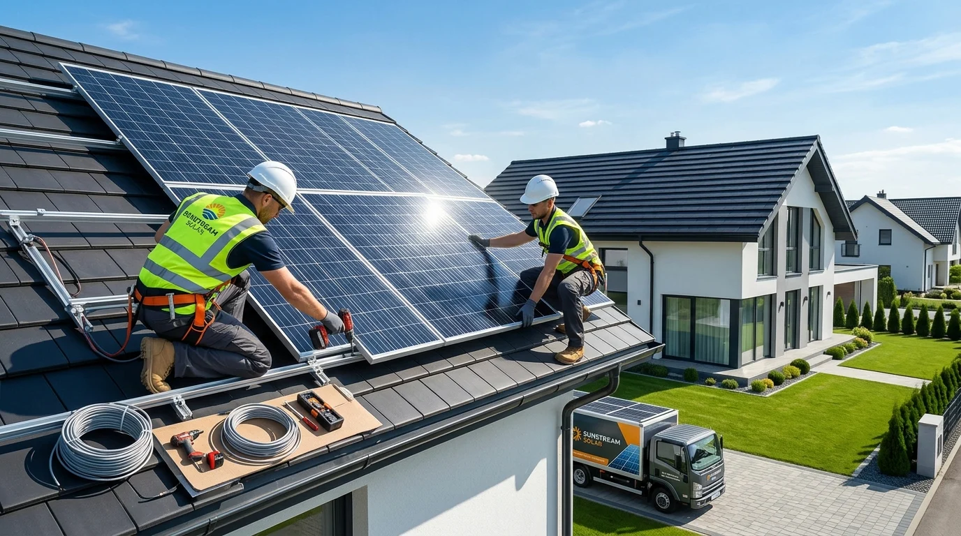 instalação de energia solar em telhado residencial com painéis, trilhos e inversor
