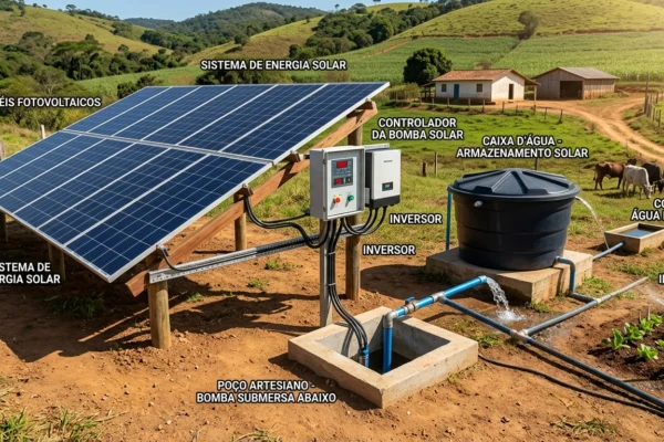 Kit bomba solar com placas fotovoltaicas para irrigação rural