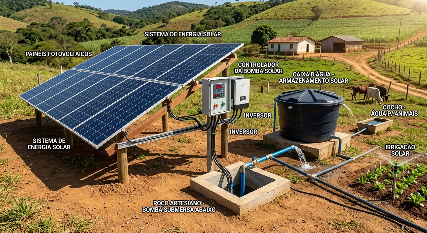 Kit Bomba Solar: Quanto Custa e Como Funciona a Irrigação Solar 1 Kit bomba solar com placas fotovoltaicas para irrigação rural
