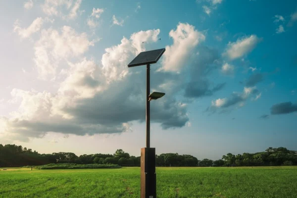 A solar panel in the middle of a field